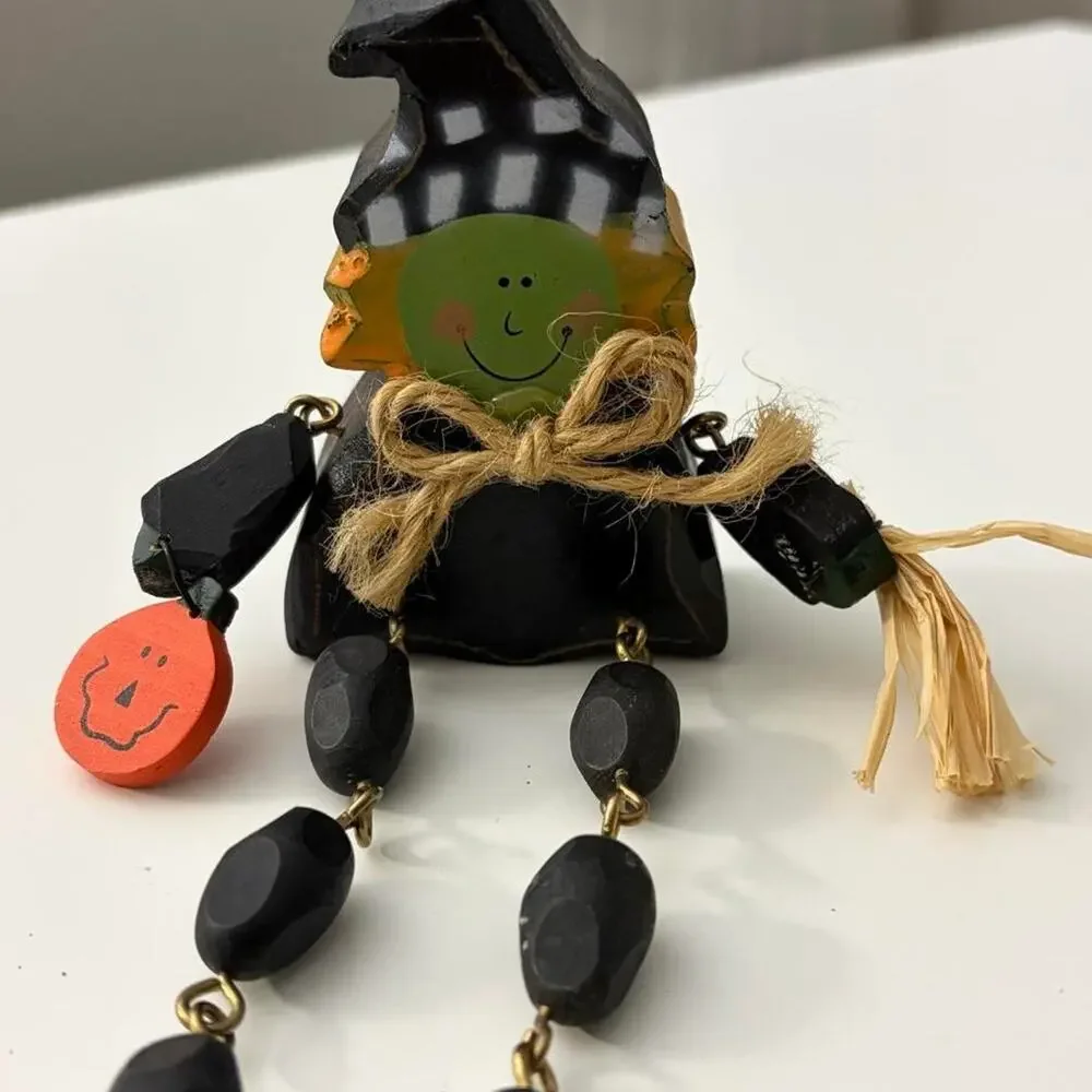 Vtg 2003 Black Witch Shelf Sitter Dangle Legs Wooden Figure with Orange Pumpkin